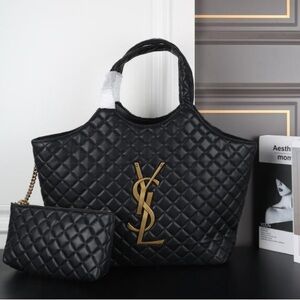 Yves Saint Laurent Black Quilted Tote with Gold YSL Logo